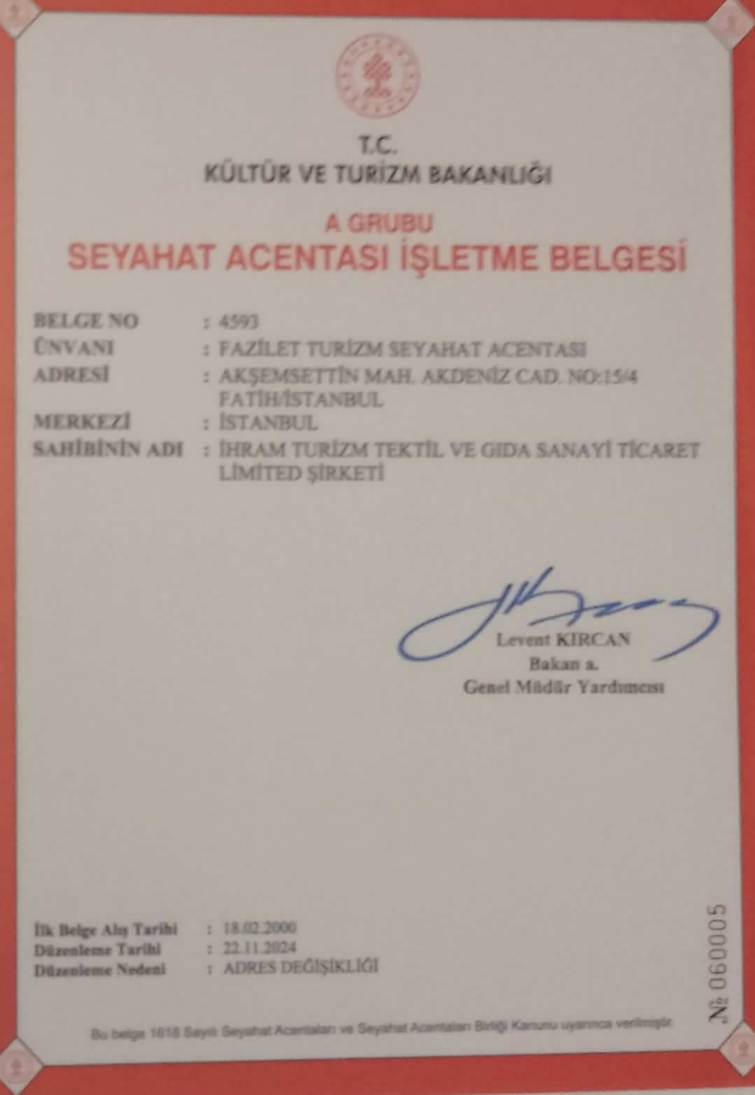 A Grubu Seyahat Acentası İşletme Belgesi